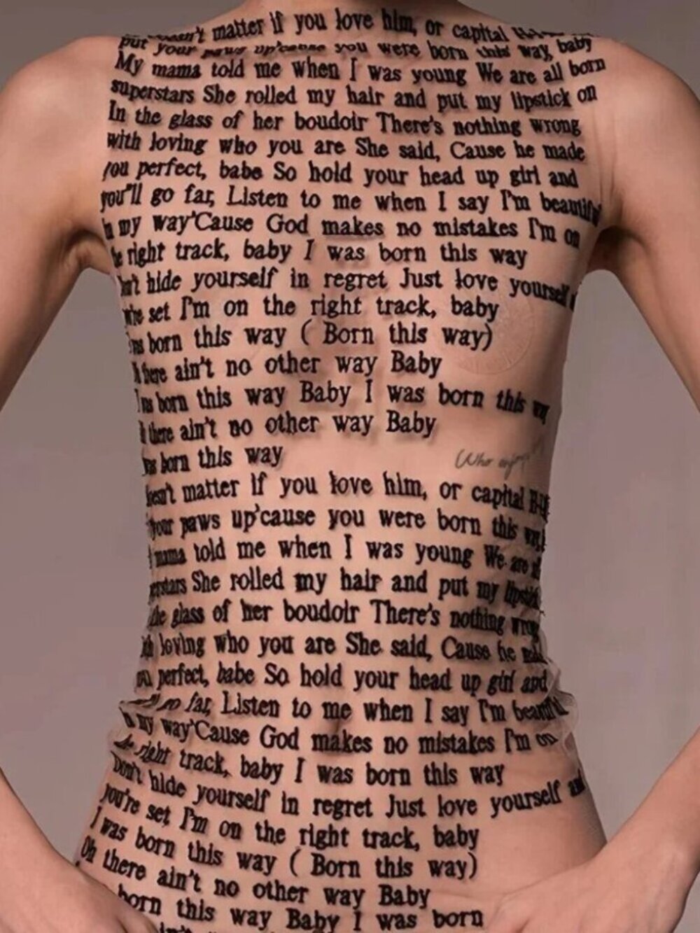 Nude/Light Beige Lady Gaga Born This Way Lyrics Letter Print Sleeveless Mesh Top